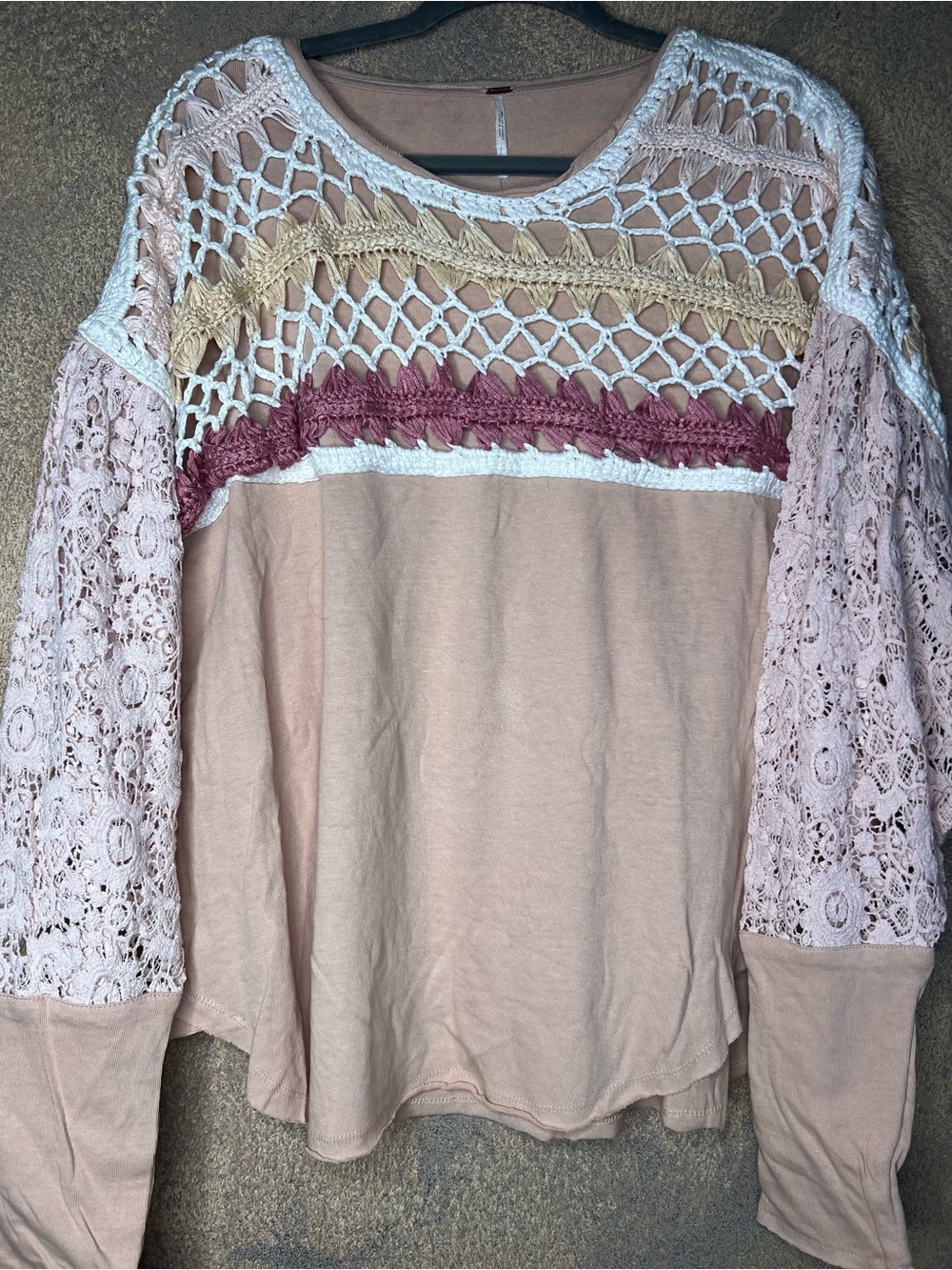 Free People Blush Pink Crochet Lace Mixed-Media Pullover